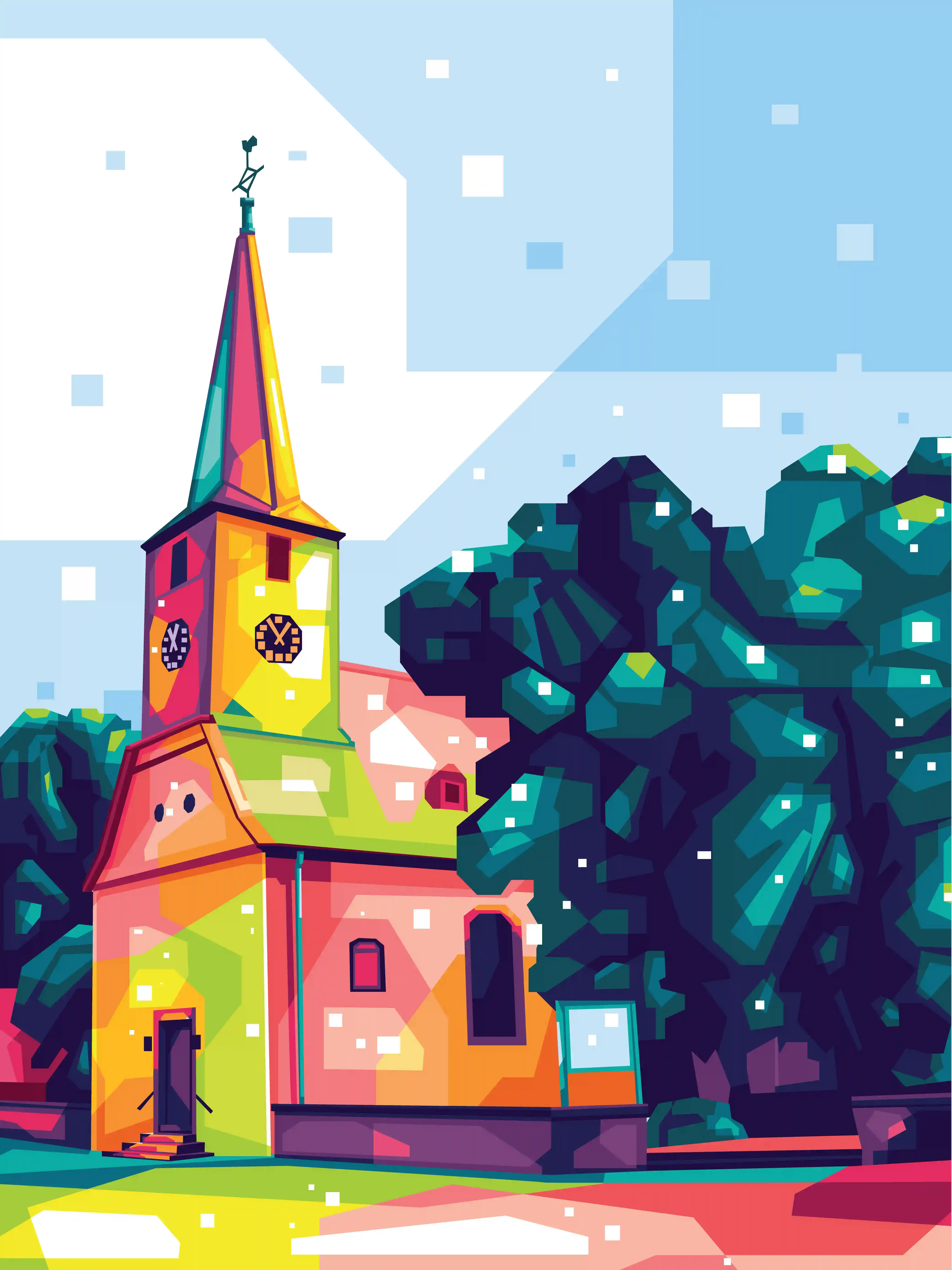 WPAP style illustration of a church clock tower.